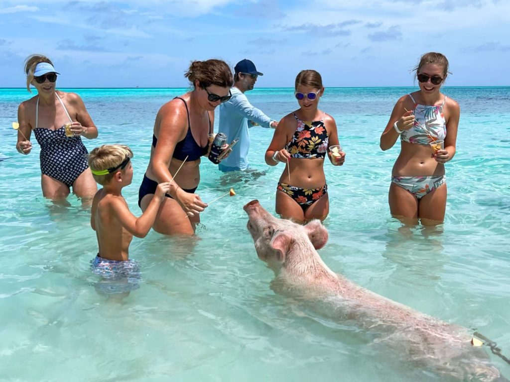People feeding a pig in the ocean
